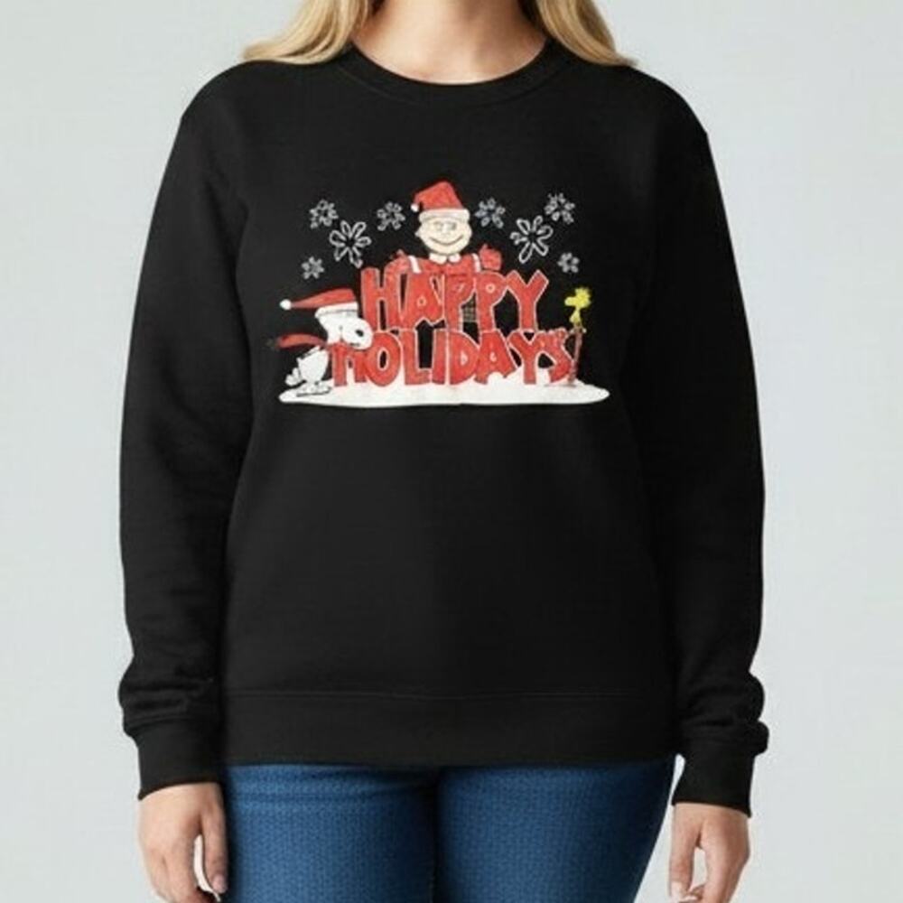 Peanuts Snoopy Happy Holidays Black Long Sleeve Sweatshirt Women's Size 1X NWT